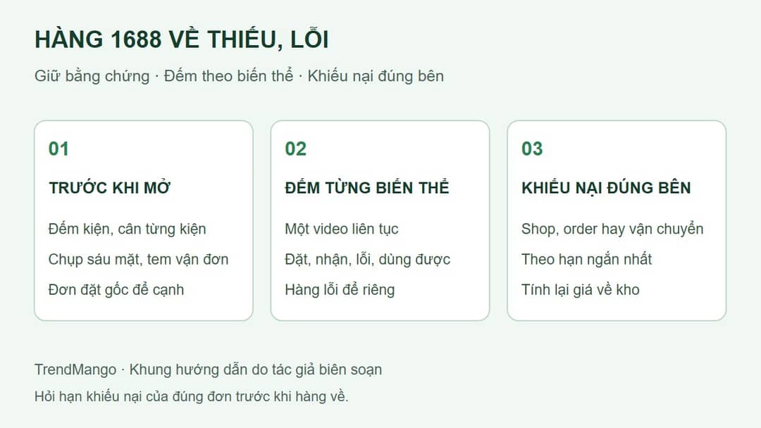 Ba bước xử lý lô 1688 về thiếu hoặc lỗi: giữ bằng chứng trước khi mở kiện, đếm theo từng biến thể, khiếu nại đúng bên trong hạn