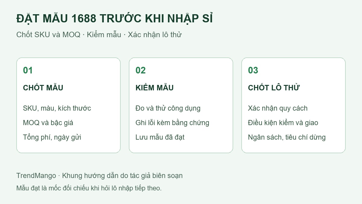 Ba bước đặt mẫu 1688: chốt SKU và MOQ, kiểm mẫu theo tiêu chí, xác nhận điều kiện lô sỉ